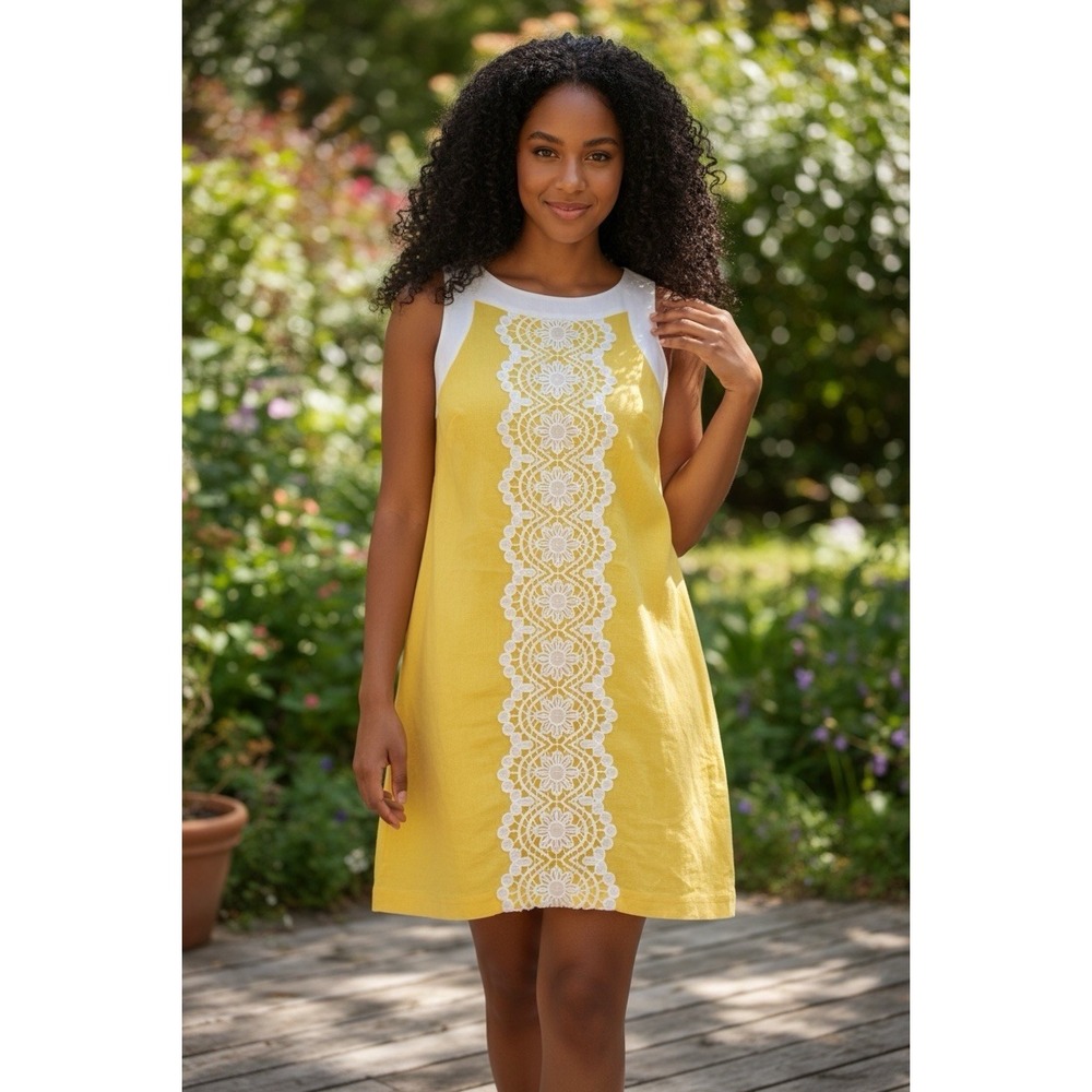 Linen J Howard Dress Womens 6 Yellow Shift Dress White Lace Crochet Old Money